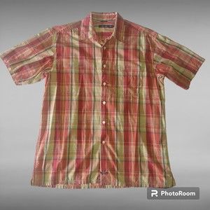 NAUTICA Men's Short Sleeve Button Down Shirt Size Large Plaid 100% Cotton Logo